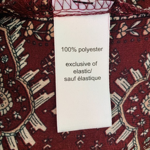 MAURICE'S Burgundy Print Boho Top - L/S Semi Sheer Shoulder Smocking V-Neck XL - Picture 10 of 11